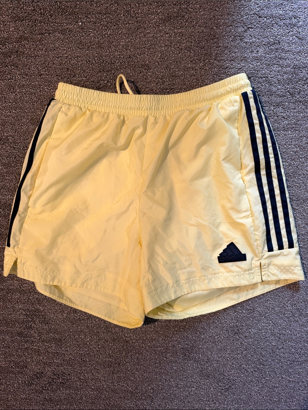adidas Yellow Athletic Swim Shorts with Black Three-Stripe Accents